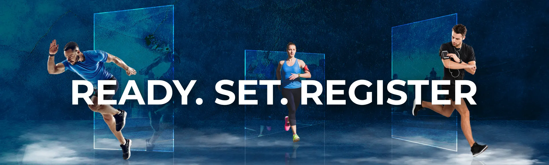 Three athletes in motion, with the text "READY. SET. REGISTER" prominently displayed against a dynamic blue background.