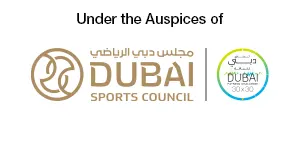Logo of Dubai Sports Council with the phrase Under the Auspices of above it and a 30x30 health initiative badge on the right.
