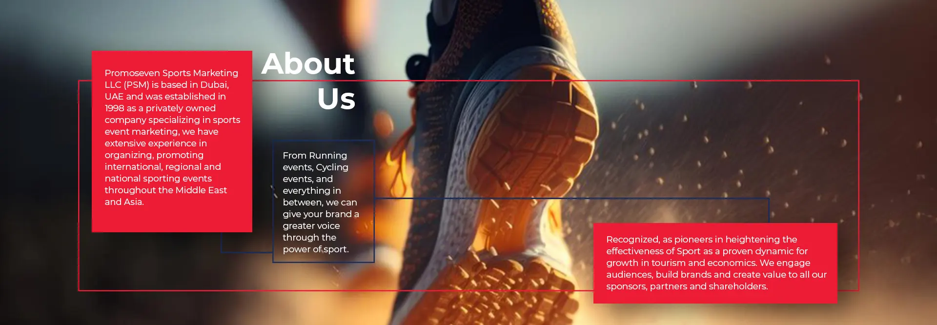 A close-up of a running shoe, showcasing a dynamic sports scene while outlining Promoseven Sports Marketing's expertise in event promotion.