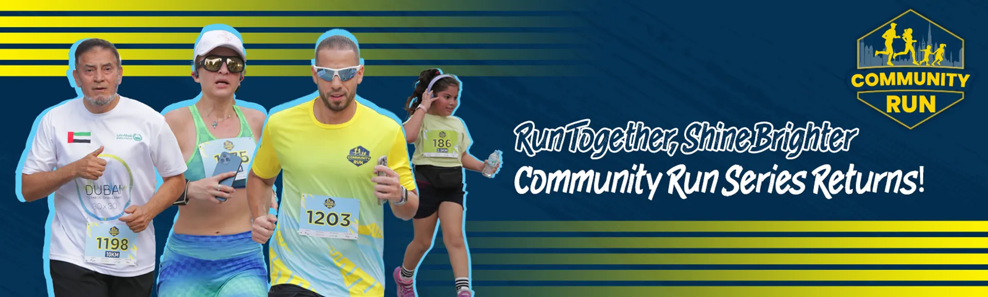 A vibrant community run event featuring participants in athletic gear, promoting camaraderie and an active lifestyle with motivational text.