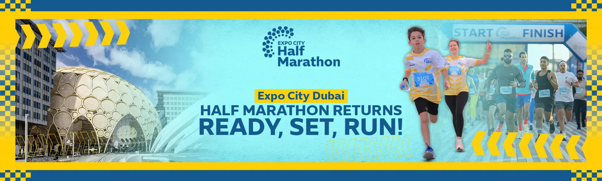 Vibrant promotional graphic for the Expo City Half Marathon in Dubai, featuring runners and iconic architecture in a lively setting.