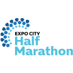 Logo for a Half Marathon event featuring the words Half Marathon in blue, accompanied by a circular design of blue dots.