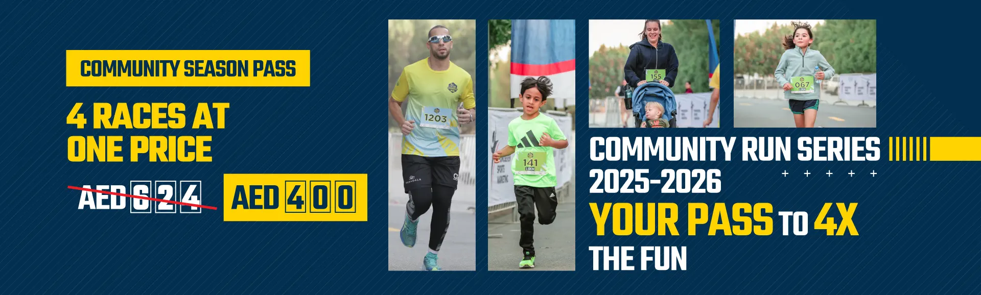 A promotional banner for a community run series, showcasing runners and stating a season pass for four races at AED 400.