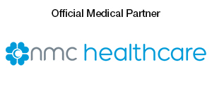 Logo of NMC Healthcare, featuring a blue and gray color scheme, labeled as the Official Medical Partner.