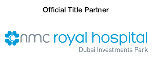 Logo of NMC Royal Hospital, labeled as Official Title Partner, located in Dubai Investments Park.