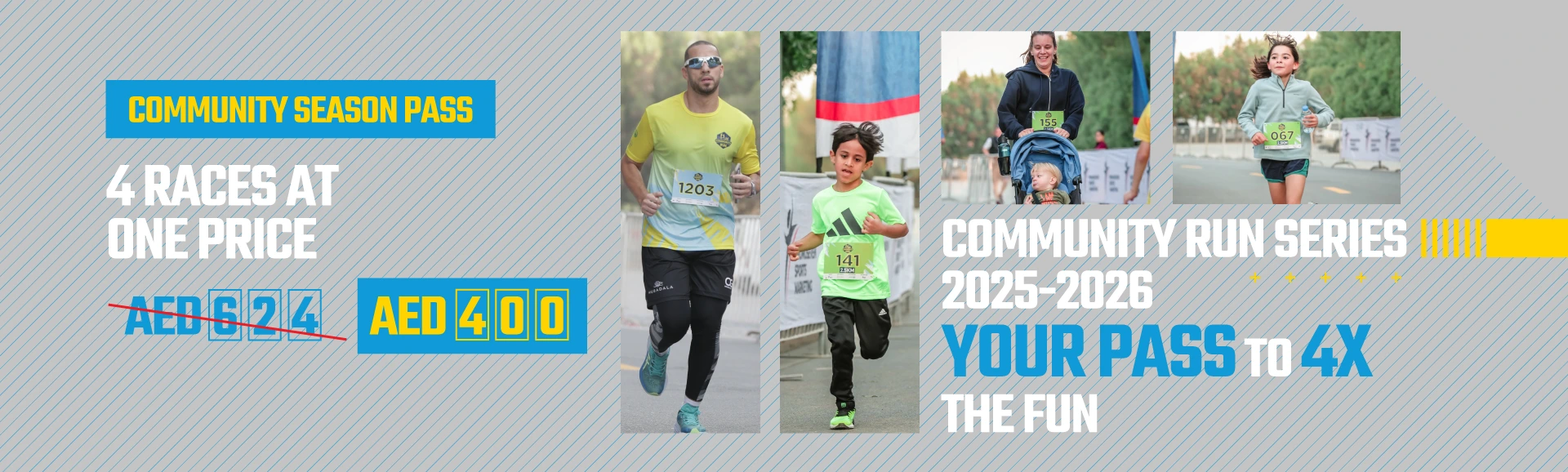 Promotional banner for a community season pass, featuring participants in a running event and emphasizing the offer of 4 races for AED 400.