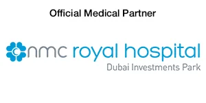 Logo of NMC Royal Hospital, official medical partner, located in Dubai Investments Park.