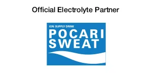 Logo for Pocari Sweat, labeled as Official Electrolyte Partner, featuring blue background and white wave design.