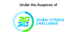 Logo for the Dubai Fitness Challenge, featuring a circular design with green and blue colors, and the text Under the Auspices of.