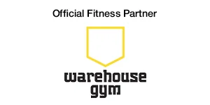 Logo of Warehouse Gym, labeled Official Fitness Partner, featuring a yellow shield above the text in bold black font.
