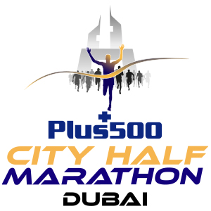Logo for the Plus500 City Half Marathon in Dubai, featuring a runner silhouette and the event name prominently displayed.