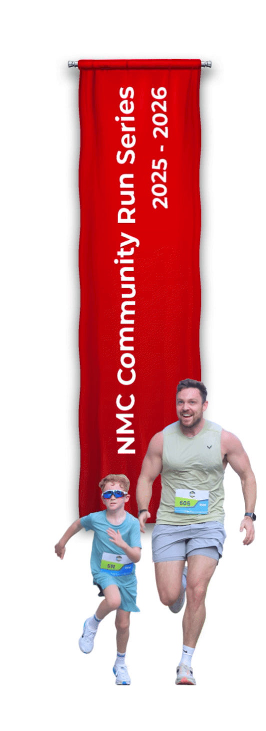 Man and boy running for the NMC Community Run 2025