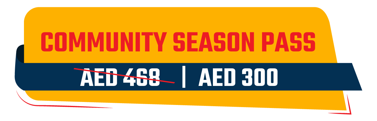 Graphic promoting a Community Season Pass priced at AED 300, down from AED 624, with vibrant colors and bold text.