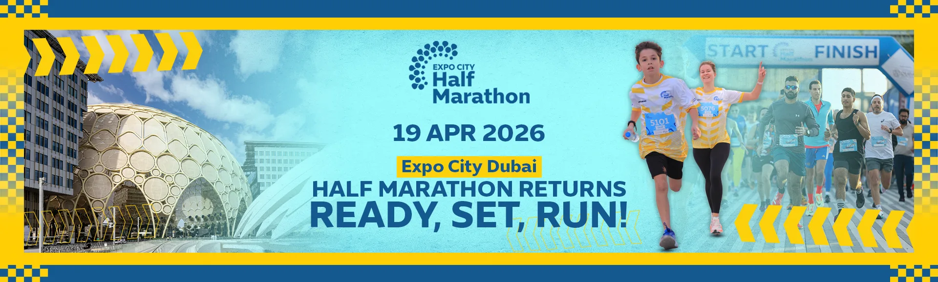 A vibrant promotional banner for the Expo City Half Marathon in Dubai, featuring runners and event details for April 19, 2026.