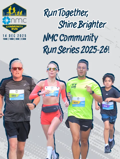 A group of runners in athletic gear participates in the NMC Community Run Series 2025-26, promoting fitness and community engagement.