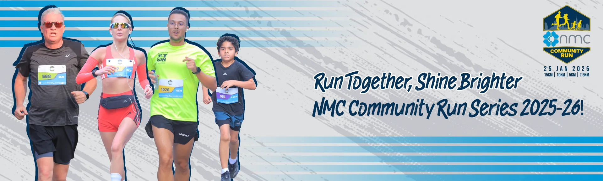 A group of runners in colorful athletic wear participating in the NMC Community Run Series, set for January 25, 2026.