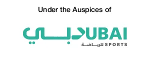 Text logo indicating Under the Auspices of Dubai Sports in English and Arabic, featuring a modern design and green color scheme.