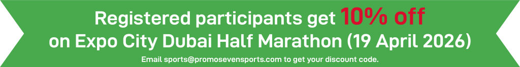 Green banner offering 10% discount for registered participants of the Expo City Dubai Half Marathon on April 19, 2026.