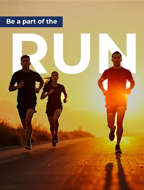 Three runners silhouetted against a sunset with the text Be a part of the RUN above them.