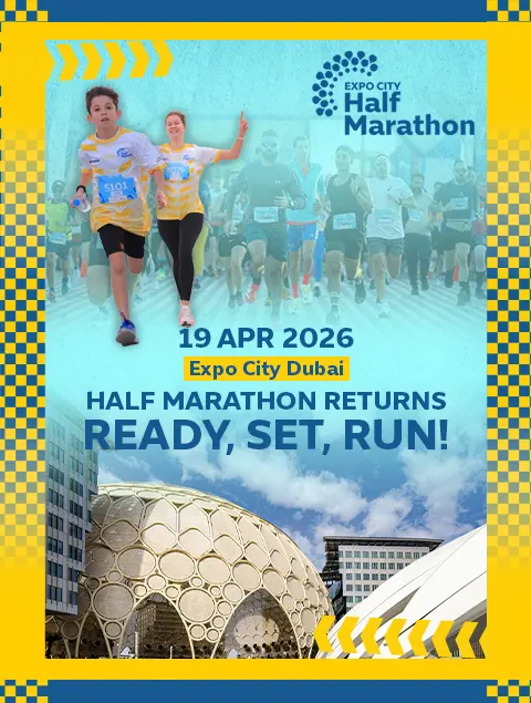 Promotional poster for Expo City Half Marathon on April 19, 2026, featuring runners and Dubais Expo City architecture.