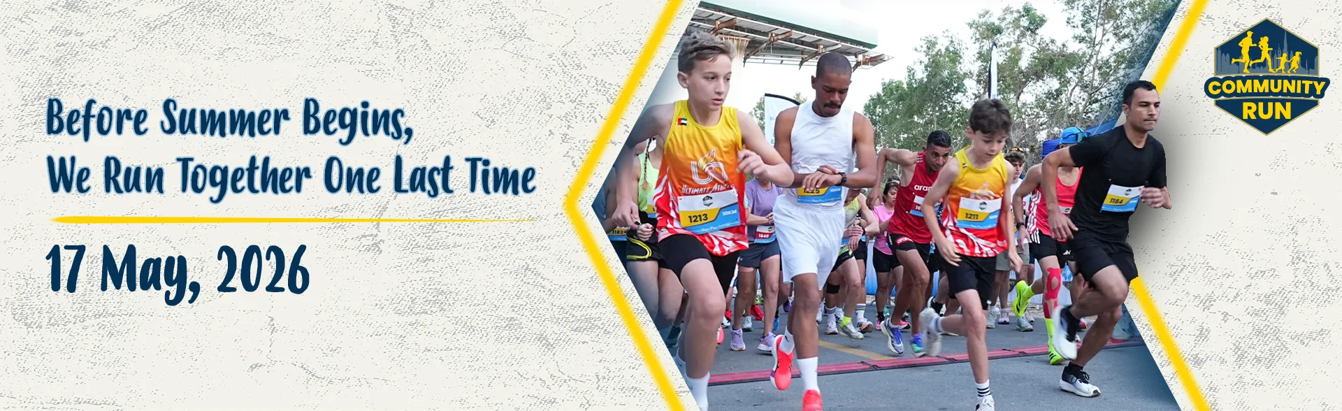 Runners starting a community race; text reads Before Summer Begins, We Run Together One Last Time, 17 May 2026 with Community Run logo.