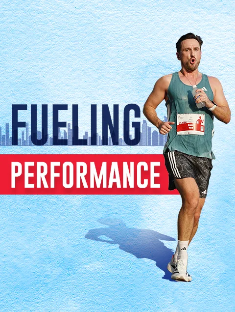 Fueling Performance hero banner featuring a marathon runner promoting endurance, sports nutrition, and peak athletic performance.